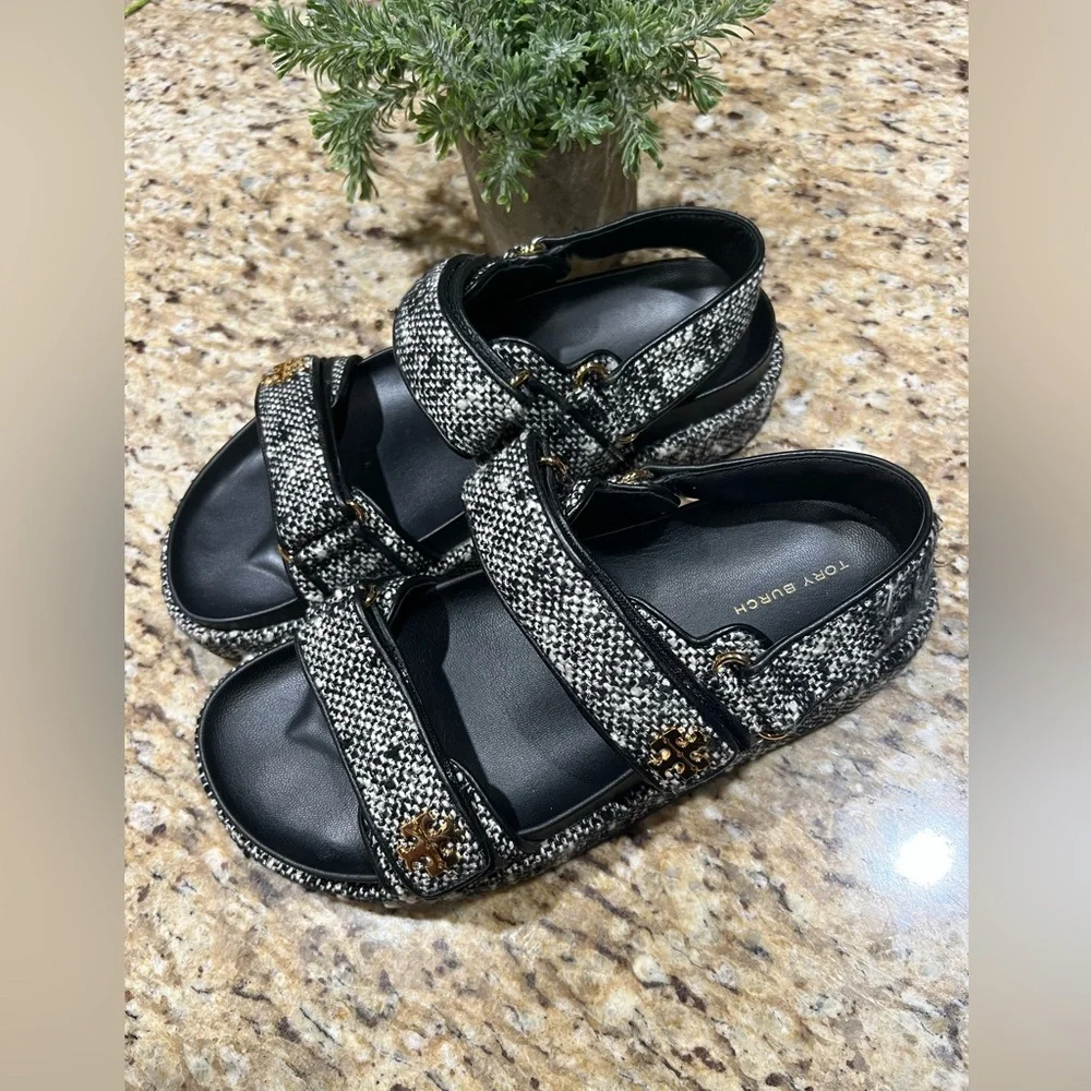 Tory Burch Kira Tweed Black White Pattern Slingback Sandals 8.5